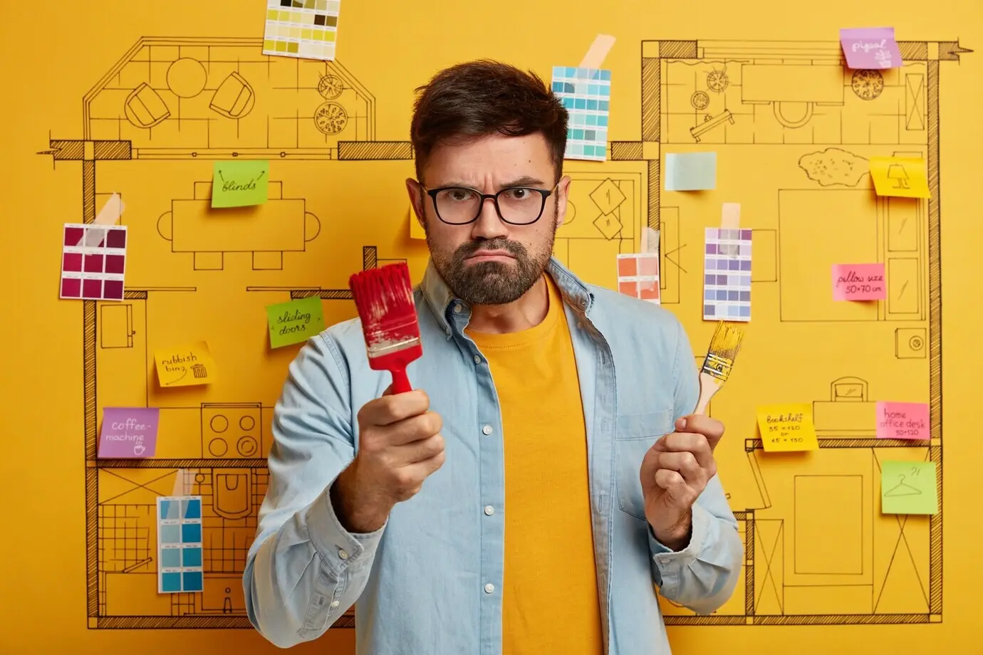 Bärtiger, junger, gutaussehender Mann, der sich auf eine Renovierung vorbereitet.